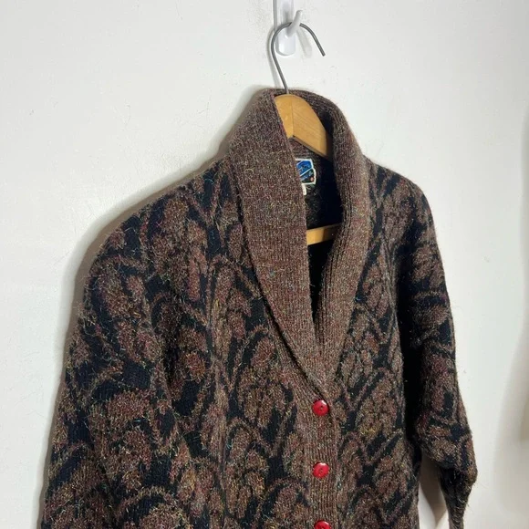 Vintage Metallic Eyelash Knit Cardigan WK Lung Kong Co Red Button Shawl Collar - Picture 7 of 11